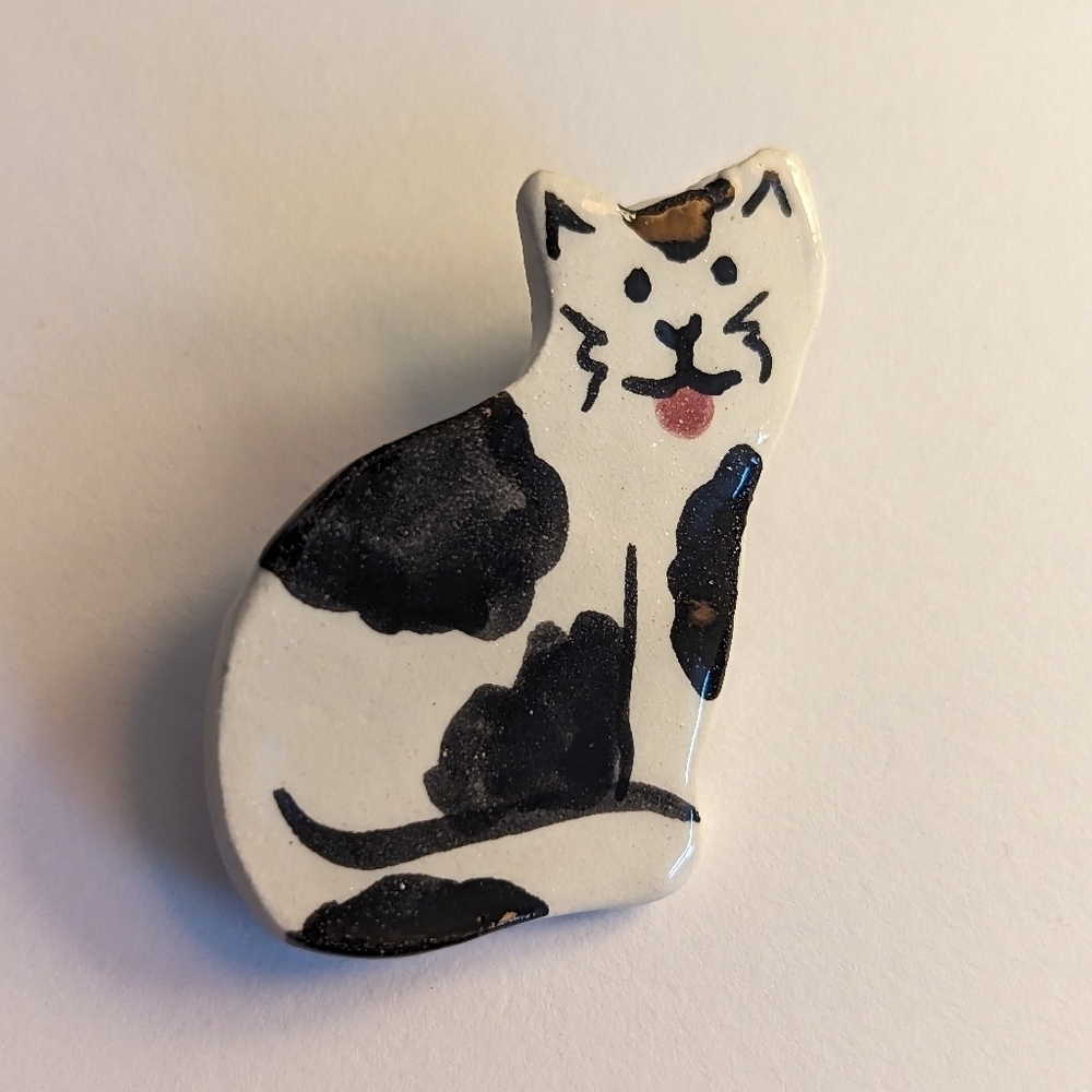 Alisa Cat Pin Brooch Black White Cat Enamel Animal Lovers Whimiscal Fun